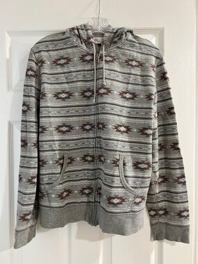 Men's Gray Zip-Up Hoodie Sweater with Southwestern Pattern